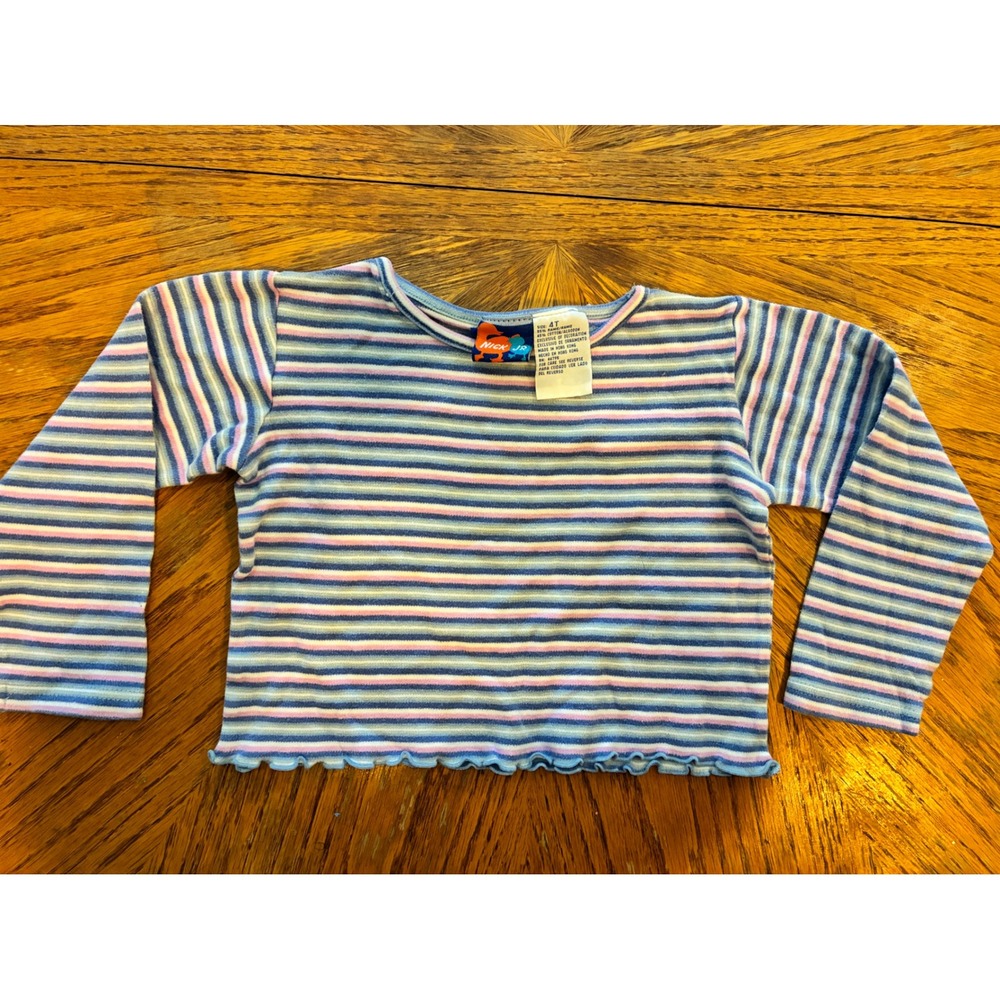 Vintage 2003 Nick Jr Toddler Girls Striped Long Sleeve Lettuce Hem Top 4T Blue